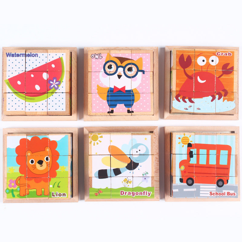High-grade Six-face Picture Wooden Jigsaw 3D Puzzle Toys Children's Early Educational Toy Cube Jigsaw Puzzle Baby Kids Gifts - Little Blossoms Joy