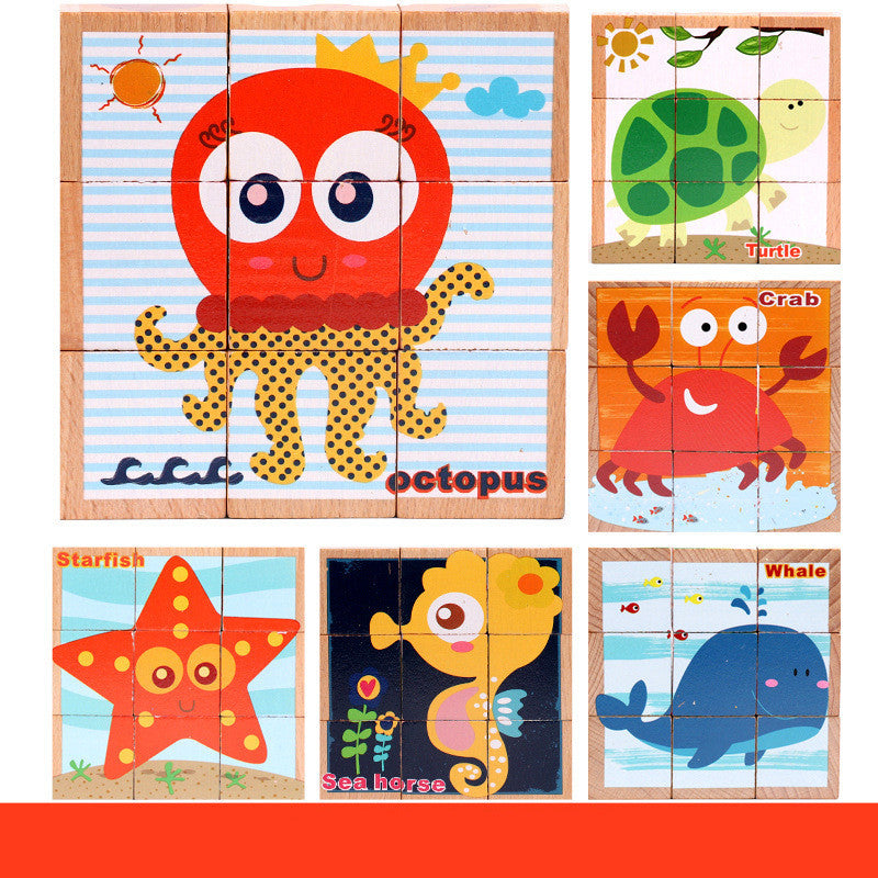 High-grade Six-face Picture Wooden Jigsaw 3D Puzzle Toys Children's Early Educational Toy Cube Jigsaw Puzzle Baby Kids Gifts - Little Blossoms Joy