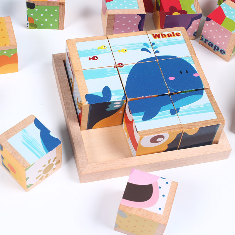 High-grade Six-face Picture Wooden Jigsaw 3D Puzzle Toys Children's Early Educational Toy Cube Jigsaw Puzzle Baby Kids Gifts - Little Blossoms Joy